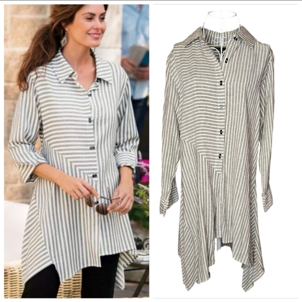 NWT For Cynthia Gray & White Stripe Asymmetrical Tunic Size Medium